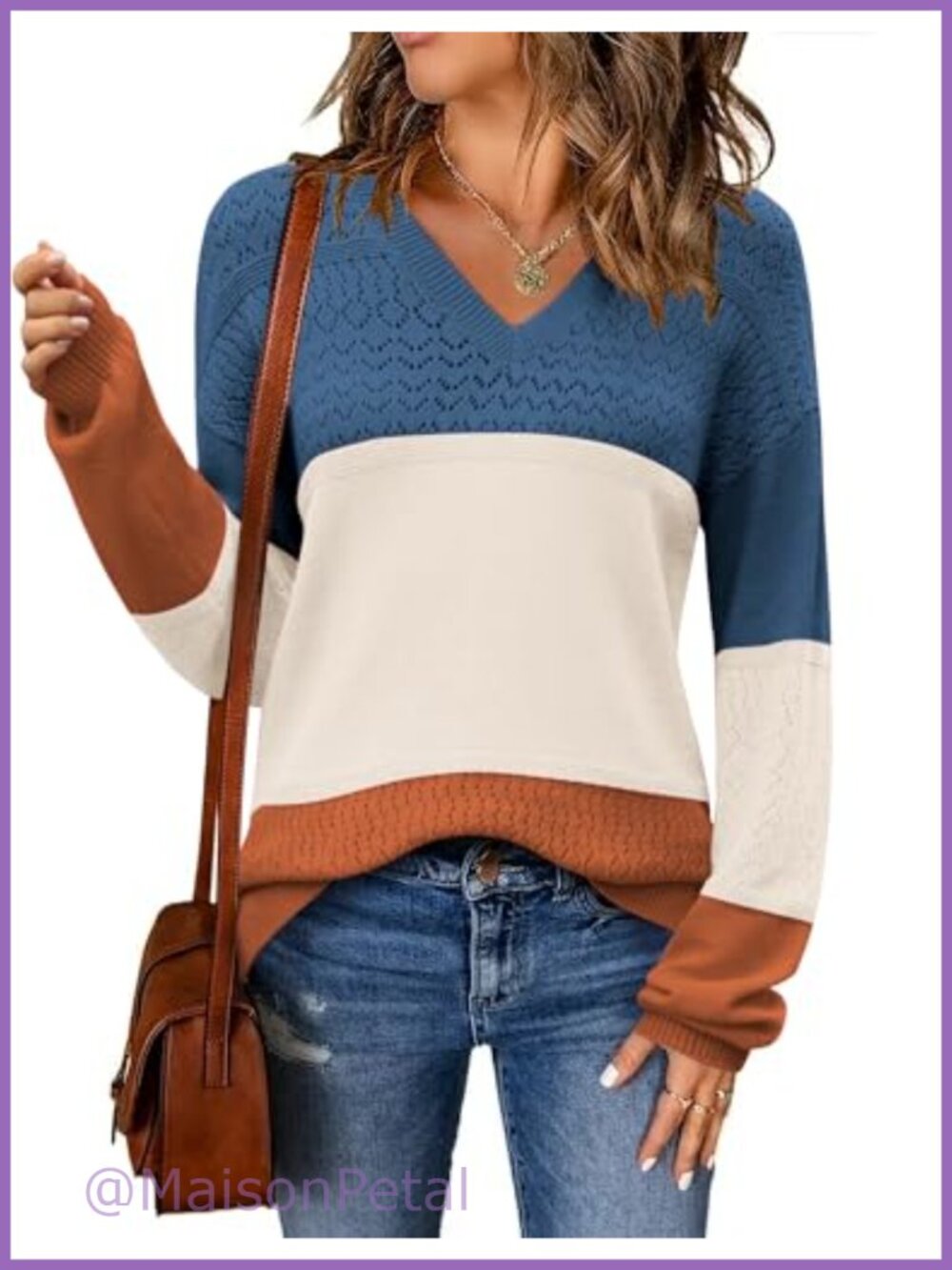 Women's V Neck Crochet Knit Pullover Sweater Long Sleeve